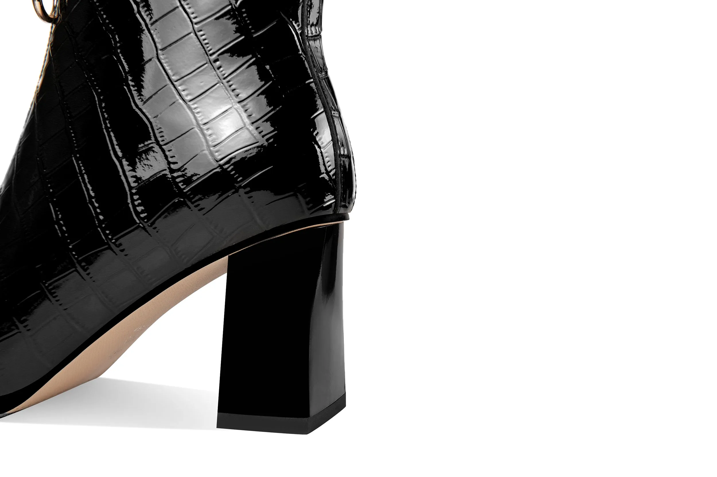 TinaCus Women's Checkered Patent Leather Handmade Chunky Heel Front Zipper Square Toe Ankle Boots