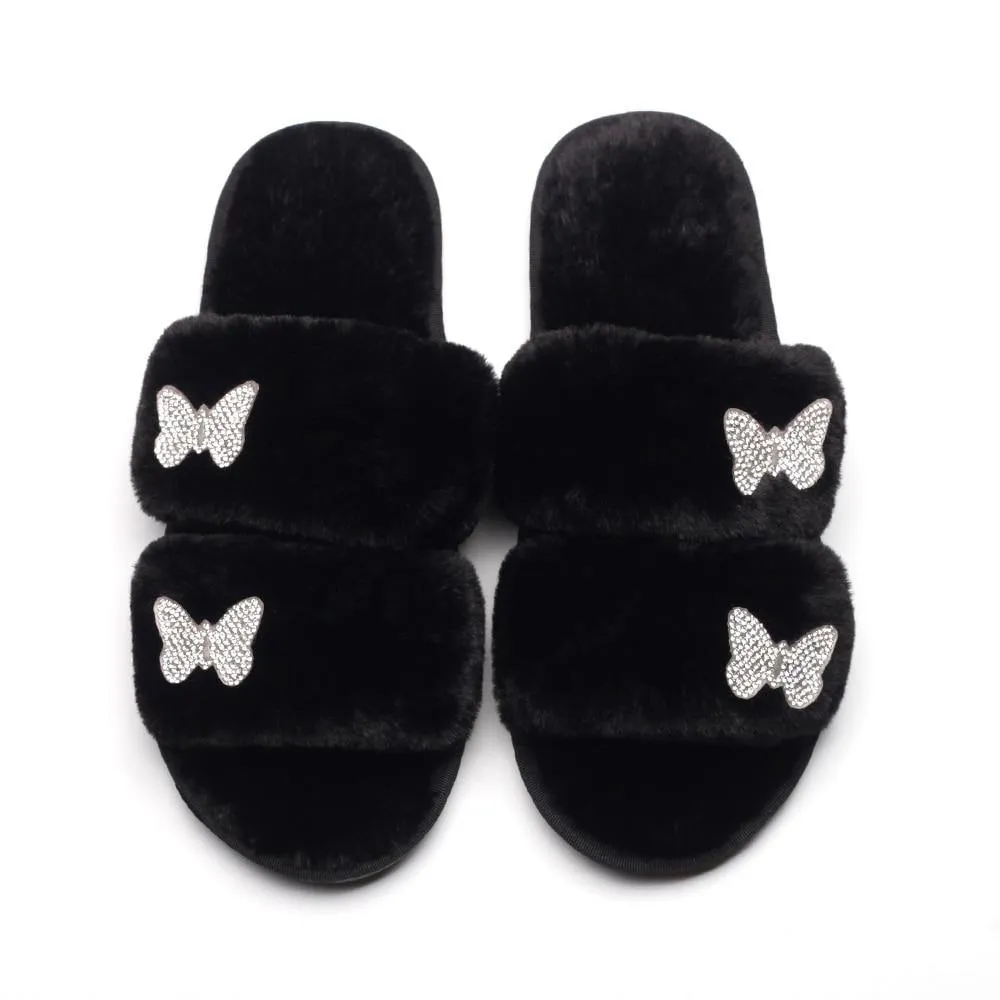 Women's Furr Slippers W/ Rhinestone Butterfly Detail